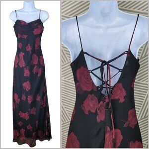 Vintage 90s Party Slip Dress size 6 Grunge alt Floral Evening Prom Lace Up Back